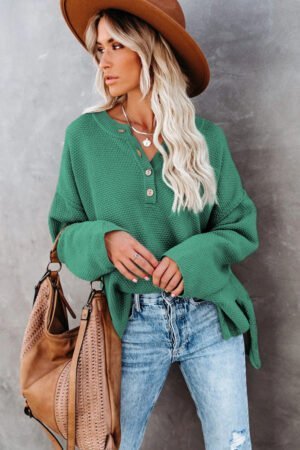 Green-2 Henley Pullover Drop Shoulder Sweater with Slits - Image 5