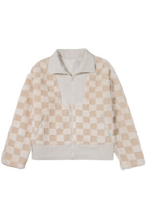 Khaki Checker Sherpa Corduroy Patchwork Zip up Collared Jacket - Image 24