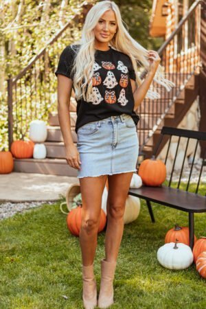 Black Halloween Ghost Pumpkin Print Crew Neck T Shirt - Image 5