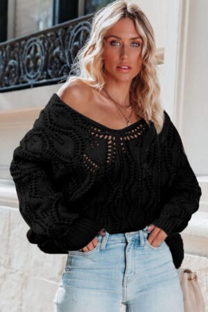 Black Crochet Knit Ribbed Hem Hollow-out Sweater - Image 6