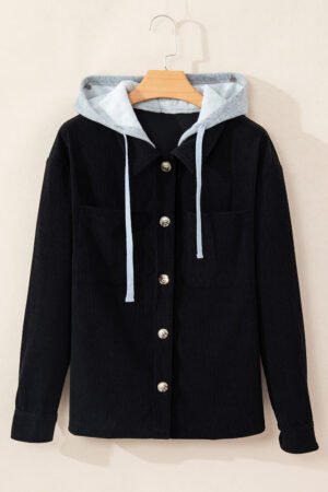 Black Hooded Drawstring Pockets Corduroy Shacket - Image 4