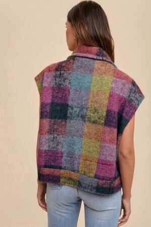 Multicolor Plaid Print Side Pockets Zipped Loose Vest - Image 3