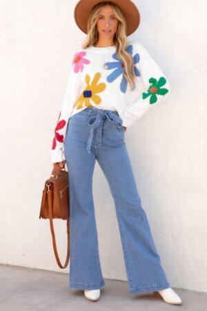White Colorful Big Flower Pattern Crewneck Sweater - Image 6