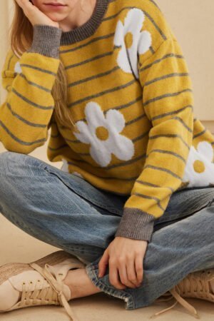 Yellow Stripe Daisy Floral Knitted Round Neck Sweater - Image 4