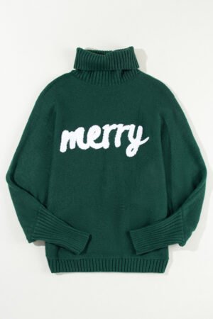 Blackish Green Merry Letter Embroidered High Neck Sweater - Image 5