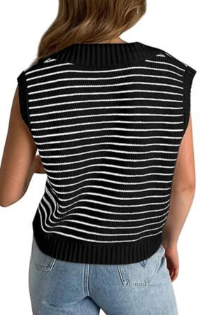 Black Stripe Turn-down V Neck Sweater Tank Top - Image 2