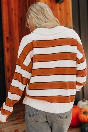 Brown Stripe Ribbed Polo Collar Drop Shoulder Sweater - Image 2