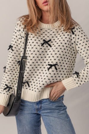 Beige Bow Decor Color Contrast Ribbed Edge Crew Neck Sweater - Image 4