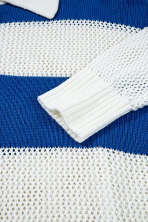 Blue Stripe Colorblock Polo Collar Eyelet Crochet Knitted Sweater - Image 8