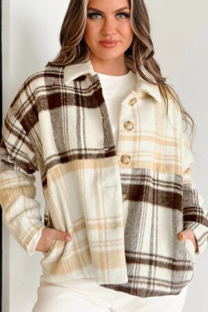 Multicolour Plaid Patchwork Side Pockets Buttoned Shacket - Image 3