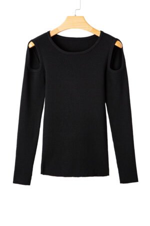 Black Ribbed Knit Cold Shoulder Sweater - Image 19