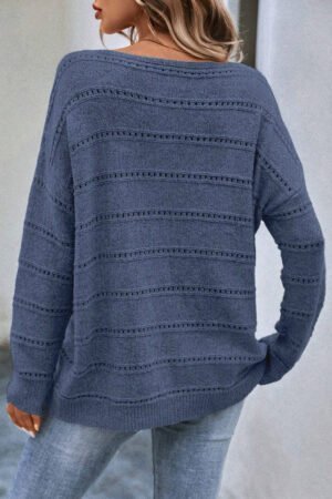 Real Teal Boat Neck Drop Shoulder Pointelle Knit Sweater - Image 3