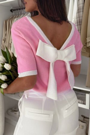 Bonbon Colorblock Bow V-Shape Cut Back Short Sleeve Sweater