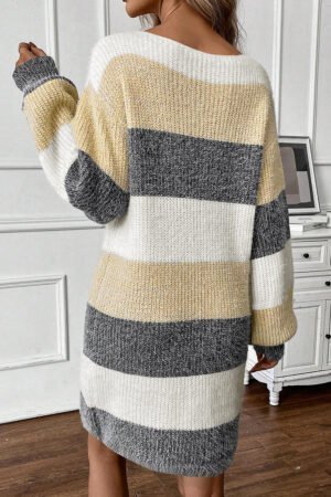 Gray Stripe Colorblock Bubble Sleeve Drop Shoulder Sweater Dress - Image 2
