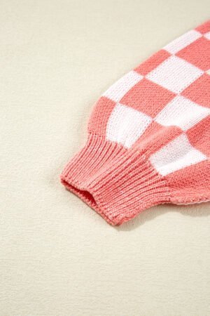 Pink Candycane Snowflake Checker Christmas Holiday Drop Shoulder Tunic Loose Sweater - Image 6