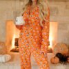 Orange Halloween Print Lapel Shirt Long 2pcs Pajama Set