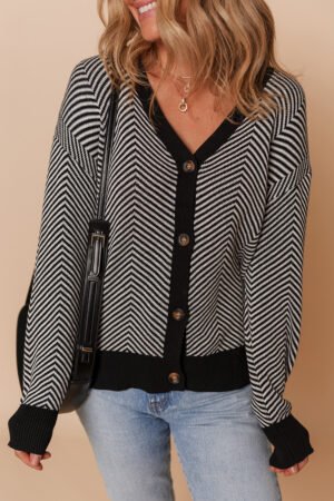 White Stripe Buttoned Front V Neck Herringbone Cardigan - Image 6