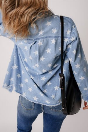Sky Blue Star Print Light Wash Raw Hem Denim Jacket - Image 3