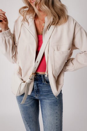 White Corduroy Drawstring Hooded Pocket Zip Up Jacket - Image 5