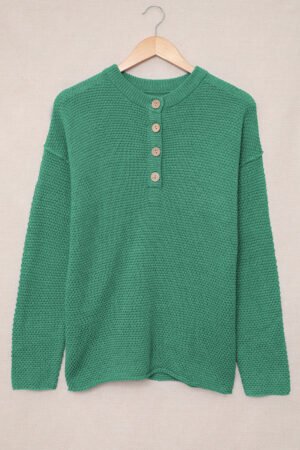 Green-2 Henley Pullover Drop Shoulder Sweater with Slits - Image 6