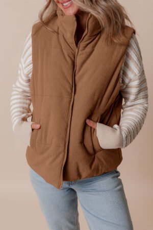 Coffee Corduroy Stand Neck Zipped Puffer Vest - Image 5