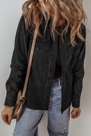 Black Flap Pocket Buttons Collared Jean Jacket - Image 4