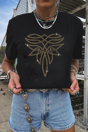 Black Rhinestone Western Pattern Cotton Blend Graphic T Shirt - Image 5