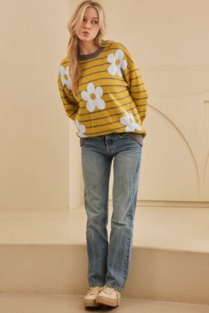 Yellow Stripe Daisy Floral Knitted Round Neck Sweater - Image 6
