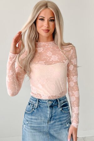 Apricot Pink Sheer Floral Lace Mesh Mock Neck Long Sleeve Top - Image 3