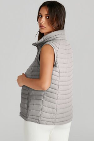 Silvery Plush Collared Quilted Zipped Puffer Vest - Image 2
