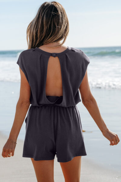 Bristol Black Knit Open Back Cap Sleeve Drawstring Elastic Waistband Romper