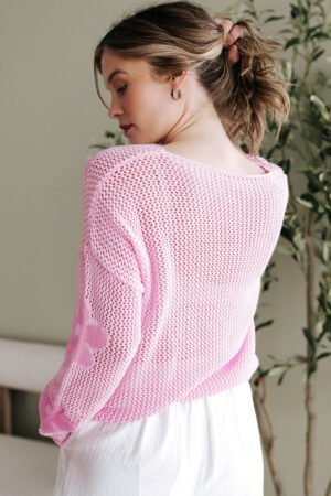Light Pink Big Flower Hollowed Knit Drop Shoulder Sweater - Image 3