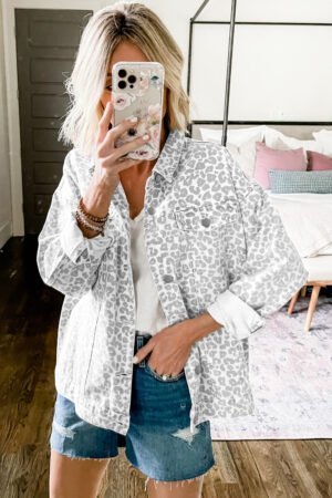 White Leopard Printed Flap Pocket Denim Jacket - Image 3