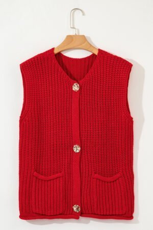 Fiery Red Solid Textured Knit Side Pockets Buttoned Sweater Vest - Image 4