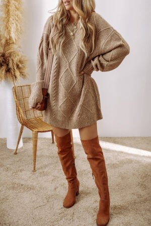 Parchment Cable Knit Drop Shoulder Loose Fit Sweater Dress - Image 6