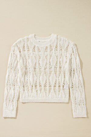 White Cut Out Crochet Crew Neck Loose Fit Sweater - Image 5