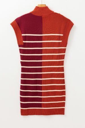 Brown Stripe Color Block Quarter Zip Collar Short Sleeve Sweater Dress - Image 7