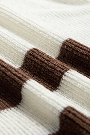 Brown Striped Accent Notched V Neck Cropped Sweater T Shirt - Image 8