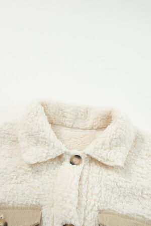 Beige Contrast Flap Pocket Single Breasted Teddy Coat - Image 6