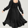 Black Lace-up Ruched Front Long Sleeve Ruffle Hem Plus Size Midi Dress