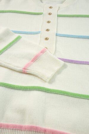 White Rainbow Stripes Drop Shoulder Baggy Henley Sweater - Image 7