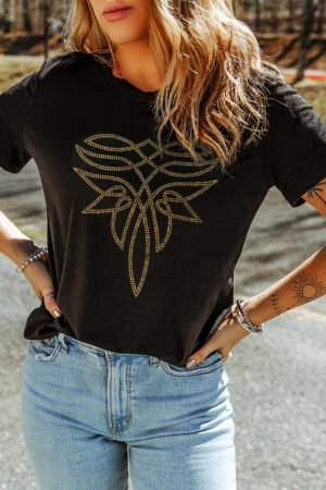 Black Rhinestone Western Pattern Cotton Blend Graphic T Shirt - Image 6