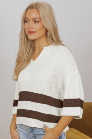 Brown Striped Accent Notched V Neck Cropped Sweater T Shirt - Image 4