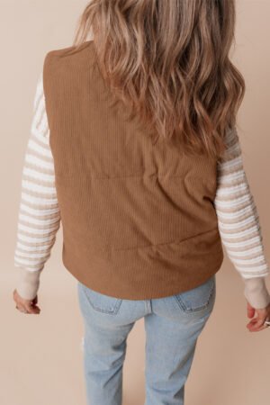 Coffee Corduroy Stand Neck Zipped Puffer Vest - Image 3