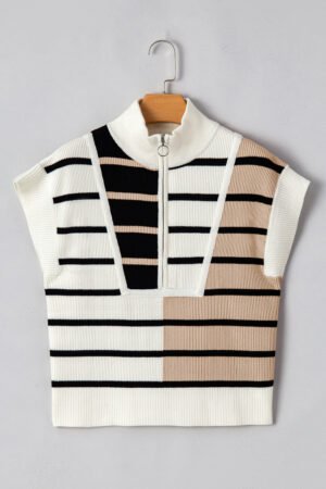 Black Stripe Colorblock Quarter Zip Collar Sweater Vest - Image 6