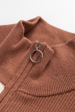 Black Stripe Color Block Quarter Zip Collar Short Sleeve Sweater Dress - Image 8