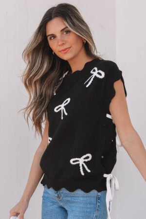 Black Bow Print Side Ties Scalloped Hem Sweater T Shirt - Image 3