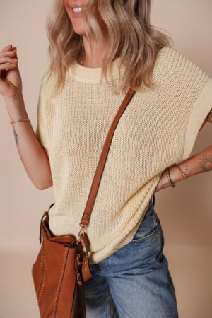 Oatmeal Solid Color Batwing Short Sleeve Round Neck Knit T Shirt - Image 4