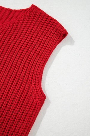 Fiery Red Solid Textured Knit Side Pockets Buttoned Sweater Vest - Image 7