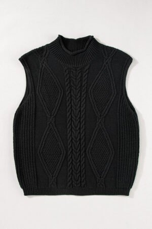 Black Solid Color Cable Knit High Neck Sweater Vest - Image 6